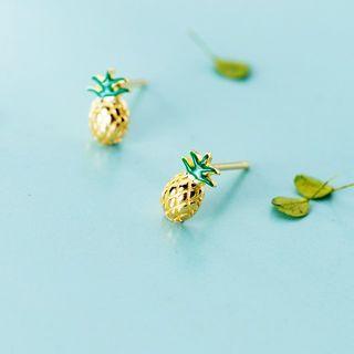 Pineapple Sterling Silver Earring 1 Pair - S925 Silver - Green & Gold - One Size