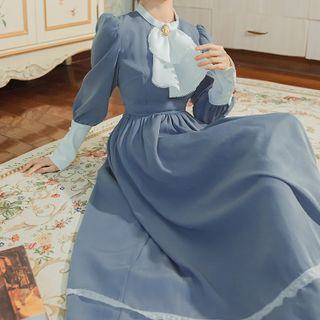 Long-sleeve Mock-neck Bow Midi A-line Dress