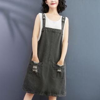 Distressed Denim A-line Overall Dress