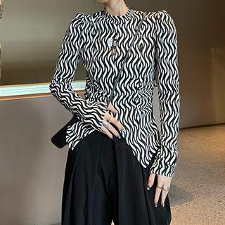 Long-sleeve Asymmetrical Print T-shirt Black - One Size
