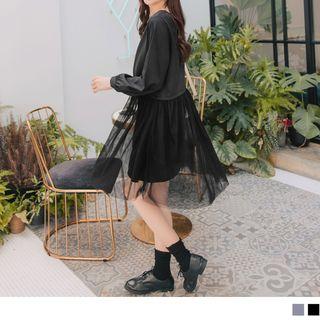 Long Sleeve Mesh Panel A-line Dress