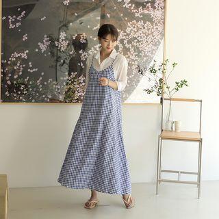 Gingham Flared Maxi Overall Dress