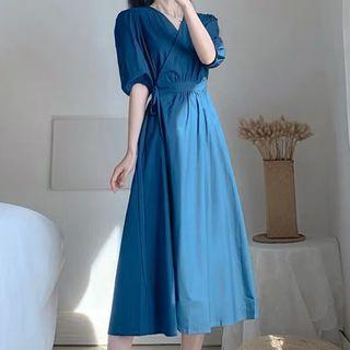 Plain Puff-sleeve Midi A-line Wrap Dress