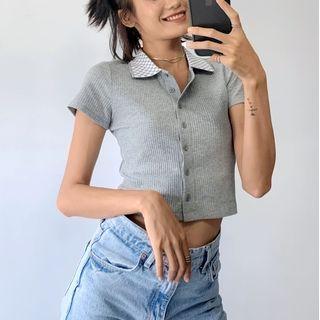 Checkerboard Collar Cropped T-shirt