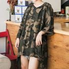 Camouflage Print Hooded 3/4-sleeve T-shirt Tunic