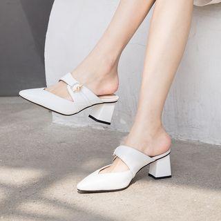 Genuine Leather Block Heel Pointed Mules