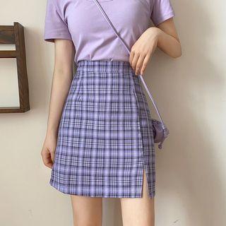 High-waist Split Plaid Skirt