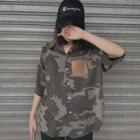 Elbow-sleeve Camo Print Shirt Camouflage - Grayish Green - One Size