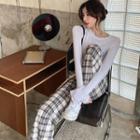 Long-sleeve Plain T-shirt / Plaid Wide Leg Pants