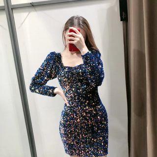Sequined Square-neck Long-sleeve Mini Sheath Dress