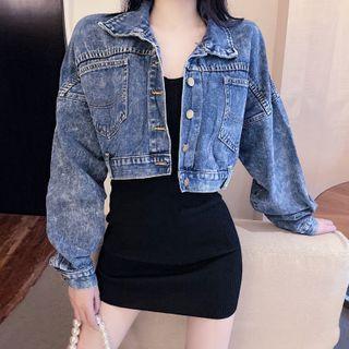 Spaghetti-strap Plain Mini Sheath Dress / Cropped Denim Jacket