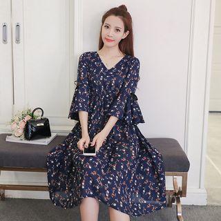 Ruffle Sleeve V-neck Floral Chiffon Dress