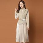 Set: Long-sleeve Accordion Pleat Velvet Dress + Double-breasted Vest