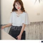 Bell Sleeve V-neck Ring Accent Ruffled Chiffon Top