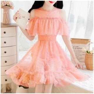 Cutaway-shoulder Mesh Ruffled Dress
