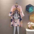Short-sleeve Stand-collar Chinese Knot Button Cutout Cat Print Dress