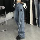 Fray Trim Washed Wide Leg Jeans