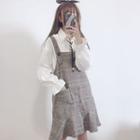 Lace-up Long-sleeve Shirt / Check Ruffle Hem Pinafore Dress / Set: Lace-up Long-sleeve Shirt + Check Ruffle Hem Pinafore Dress