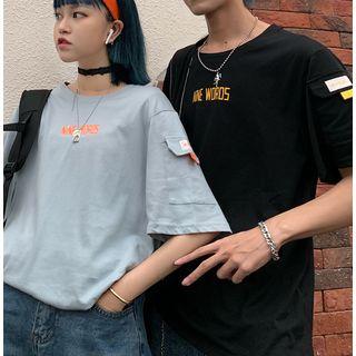 Pocketed Letter Elbow-sleeve T-shirt