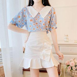 Short-sleeve Floral Print Blouse / Mini Mermaid Skirt / Set