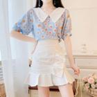 Short-sleeve Floral Print Blouse / Mini Mermaid Skirt / Set