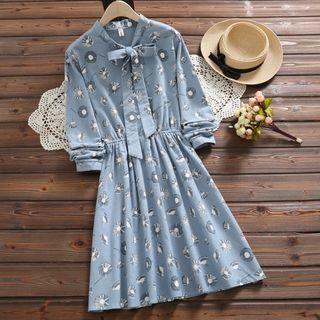 Bow Accent Print Long-sleeve A-line Dress