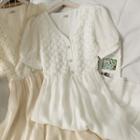 Embossed Pearl-accent V-neck Midi Dress