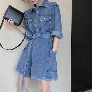 Tie-waist Long-sleeve Denim Playsuit