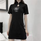 Short-sleeve Floral Embroidered Mini Qipao Dress