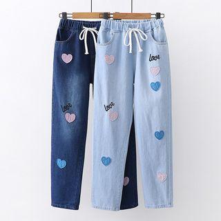 Heart Applique Drawstring Straight-cut Jeans