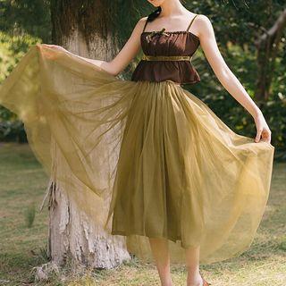 Set: Spaghetti Strap Frill Trim Top + Mesh Overlay A-line Midi Skirt