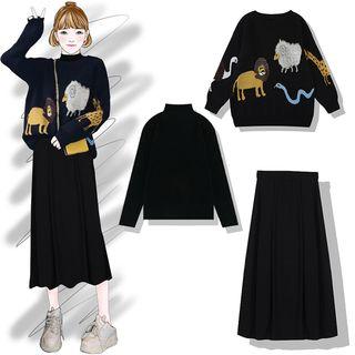 Mock-neck Long-sleeve Knit Top / Jacquard Sweater / Midi A-line Skirt