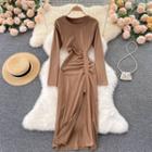 Round-neck Plain Ruchedslit Long-sleeve Dress