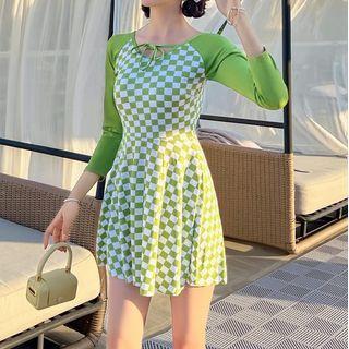 Long-sleeve Check Panel Swim Dress