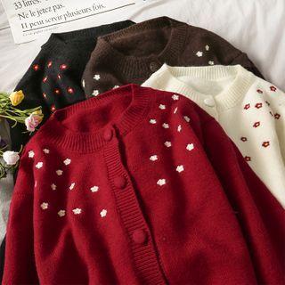 Flower-embroidered Crew-neck Cropped Cardigan