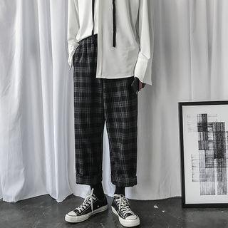 Gingham Fleece-lined Wide-leg Pants