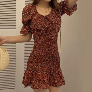Flower Print Short-sleeve Mini Sheath Dress Red - One Size