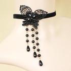 Lace Butterfly Tassel Necklace  Black - One Size