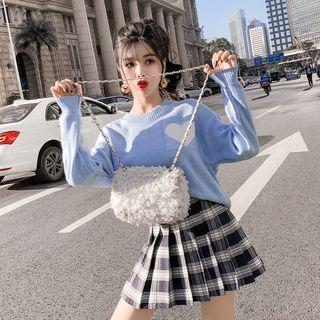 Set: Heart Print Sweater + Plaid Mini A-line Pleated Skirt