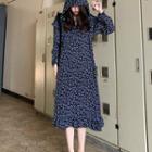 Hooded Long-sleeve Floral Print Midi A-line Dress As Shown In Figure - One Size