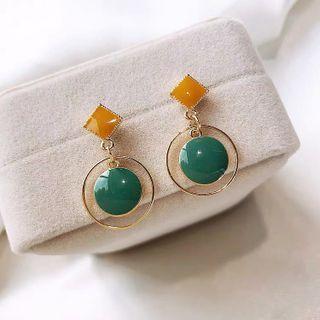 Geometric Glaze Dangle Earring 1 Pair - Earring - Silver - Geometry - Panel - Yellow & Green - One Size
