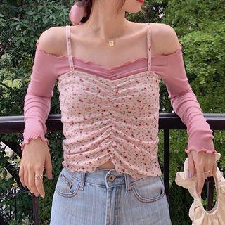 Off-shoulder Shirred T-shirt / Floral Print Camisole Top