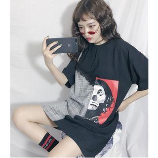 Plaid Panel Elbow-sleeve Print T-shirt