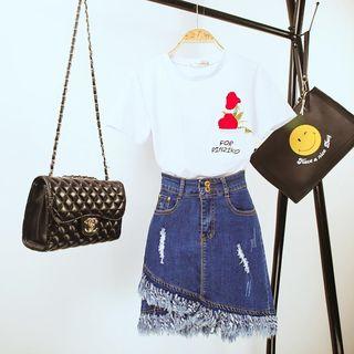 Set: Embroidery T-shirt + Fringed Denim Skirt