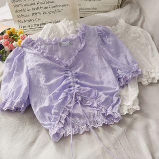 Eyelet Lace-trim Drawstring Crop Top