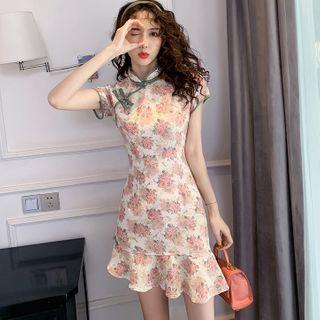 Short-sleeve Flower Printed Mermaid Qipao Dress