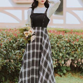 Set: Long-sleeve Knit Top + Plaid Midi A-line Jumper Dress