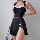 Lace Lace-up Halter Top / High-waist Frog Button Mini Skirt