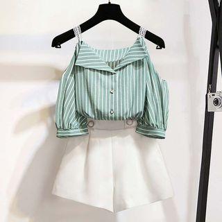 Set: Striped Cold-shoulder Elbow-sleeve Shirt + Wide-leg Shorts