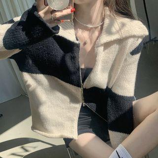 Collared Two-tone Zip-up Cardigan